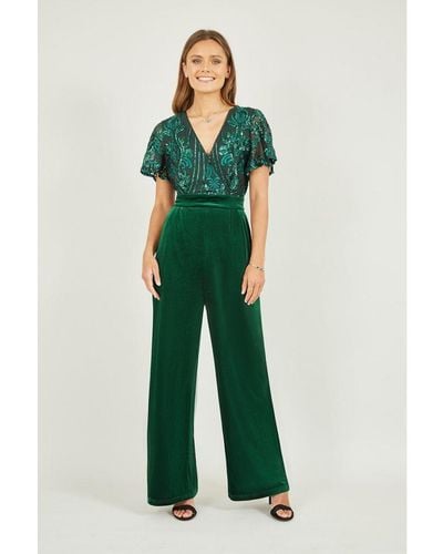 Yumi' Sequin Embellished Velvet Jumpsuit With Angel Sleeves - Green