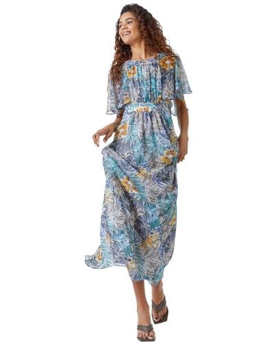 Roman Tropical Print Angel Sleeve Maxi Dress - Blue