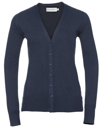 Russell Collection Ladies/ V-neck Knitted Cardigan - Blue