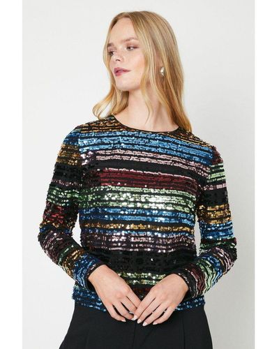 Oasis Rainbow Stripe Sequin Longsleeve Top - Grey