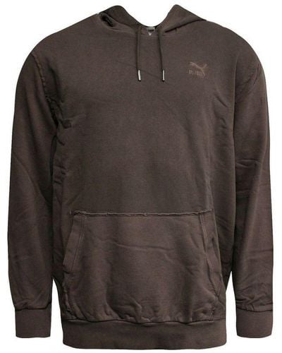 PUMA Logo Long Sleeve Pullover Dark Distressed Hoodie 575306 02 Cotton - Brown