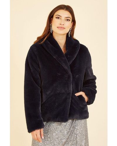 Yumi' Black Short Wrap Faux Fur Coat - Blue