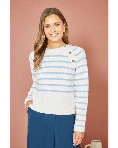 Yumi' And Stripe Jumper With Button Detail Viscose - White