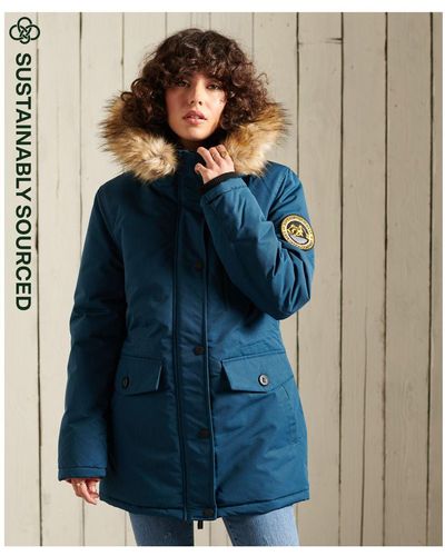 Superdry Hooded Everest Faux Fur Parka Coat - Blue