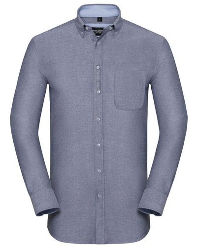 Russell Collection Oxford Tailored Long-Sleeved Shirt (Oxford/Oxford) Cotton - Blue