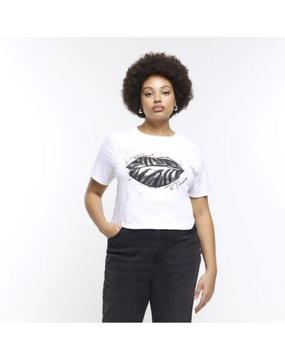 River Island T-Shirt Plus Zebra Lips Print Tee Cotton - White