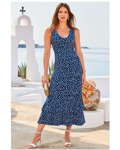 Sosandar Spot Print Tiered Hem Fit & Flare Jersey Dress - Blue