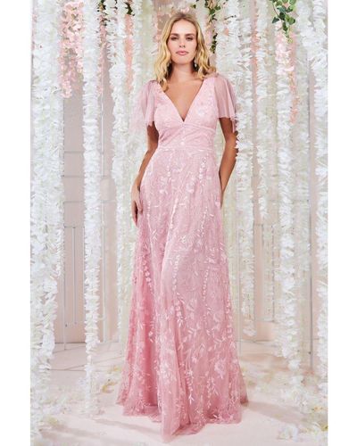 Goddiva Embroidered Lace Maxi Flutter Sleeves - Pink