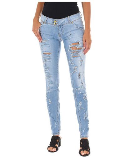 Met Long Denim Trousers Worn And Torn Effect 10dbf0094 Woman Cotton - Blue
