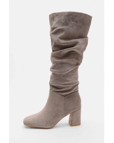 Quiz Faux Suede Ruched Heeled Boots - Brown