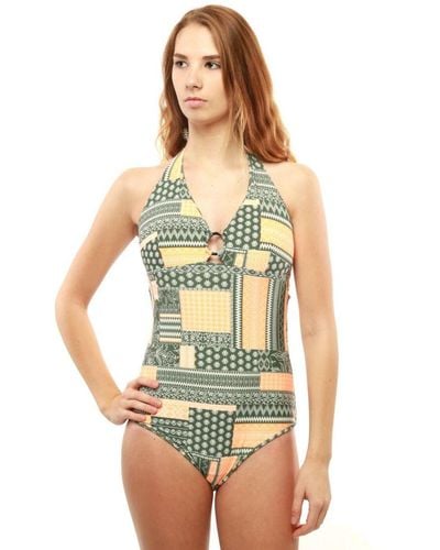 Moontide M4467Pw Patchwork Reversible Halterneck Ring Front Swimsuit - Green