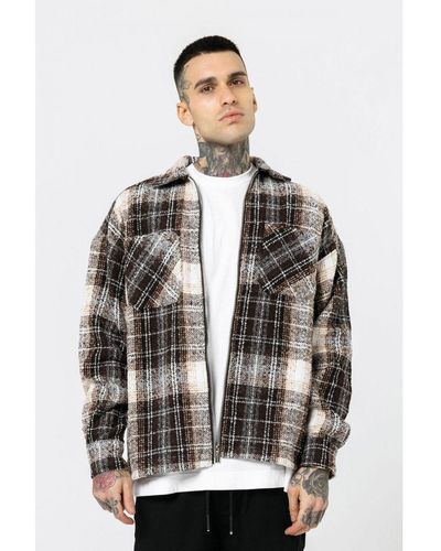 Good For Nothing Wool Blend Zip Brown Check Overshirt - Grey