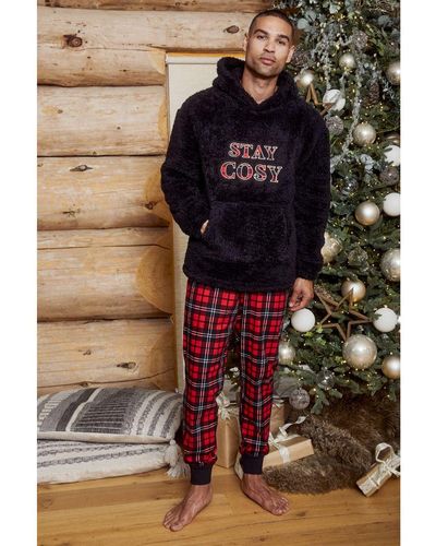 Threadbare 'Snowy' Christmas Hoodie And Bottoms Cosy Pyjama Set - Black