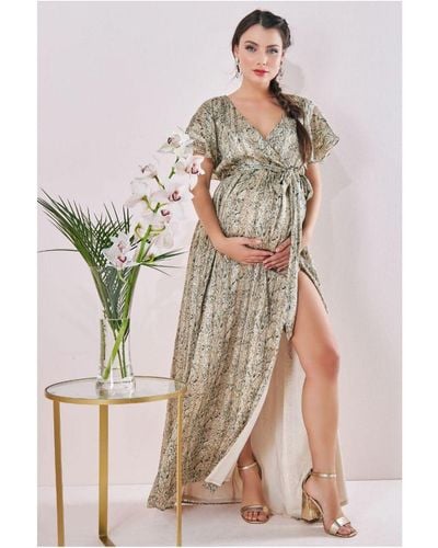 Goddiva Maternity Wrap Printed Chiffon Maxi Snake Print - Natural