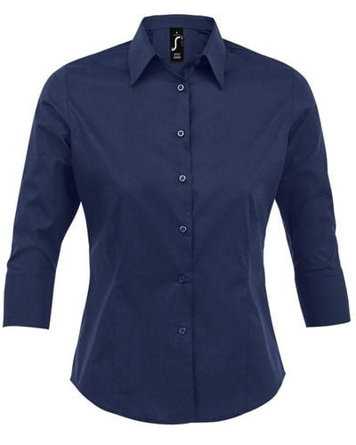 Sol's Ladies Effect 3/4 Sleeve Fitted Work Shirt (Dark) - Blue
