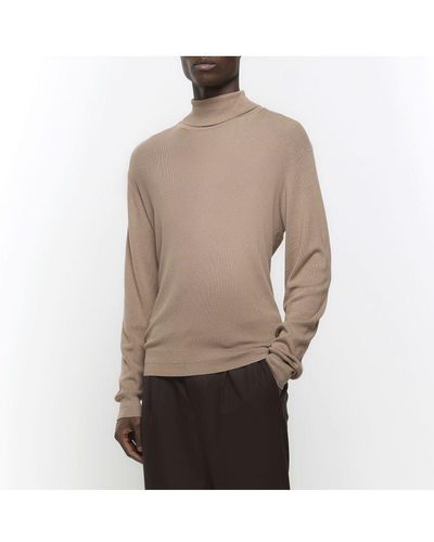 River Island Jumper Stone Slim Fit Rolled Neck Viscose - Natural