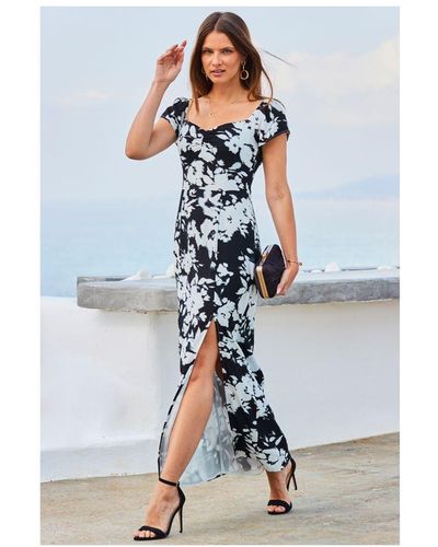 Sosandar Black & White Floral Print Split Detail Maxi Dress - Blue