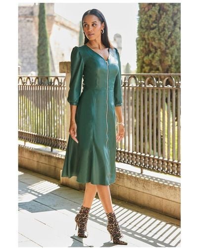 Sosandar Emerald Green Zip Front Faux Leather Midi Dress