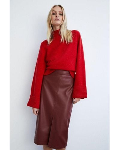 Warehouse Split Front Faux Leather Pencil Skirt - Red