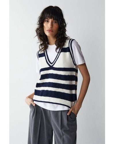 Warehouse Knitted Crochet Pointelle Stripe Jumper Vest - Grey