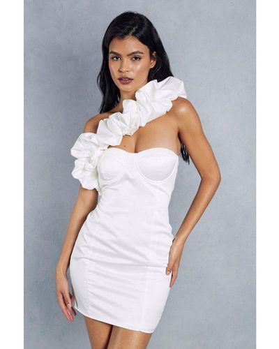MissPap Premium Asymmetric Frill Bodycon Mini Dress - White