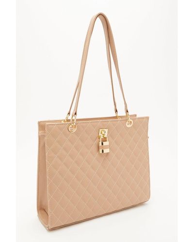 Quiz Taupe Faux Leather Quilted Tote Bag - Natural
