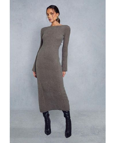 MissPap Premium Fluffy Knitted Backless Split Detail Maxi Dress - Grey