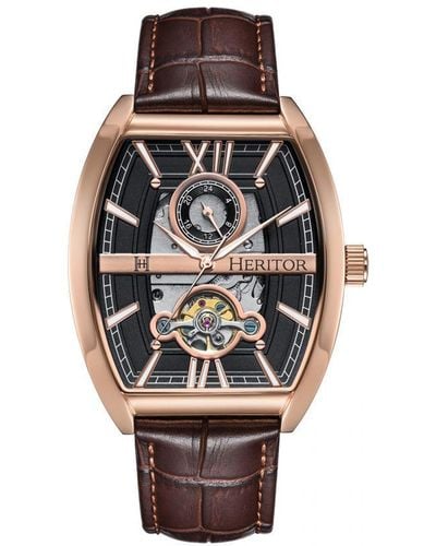 Heritor Masterson Semi-Skeleton Leather-Band Watch - Brown
