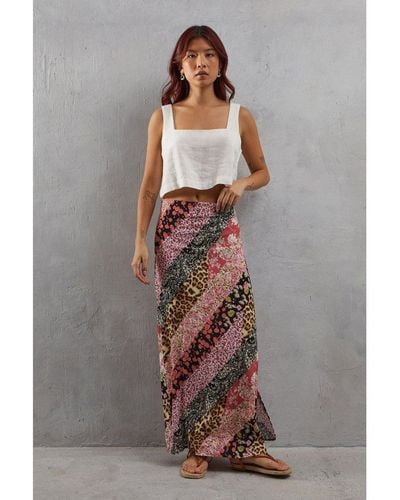 Warehouse Viscose Mixed Print Bias Maxi Skirt - Grey