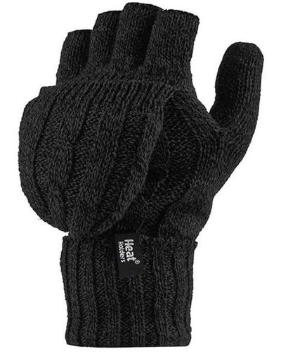 Heat Holders Womenss Thermal Converter Fingerless Cable Knit 2.3 Tog Gloves - Black