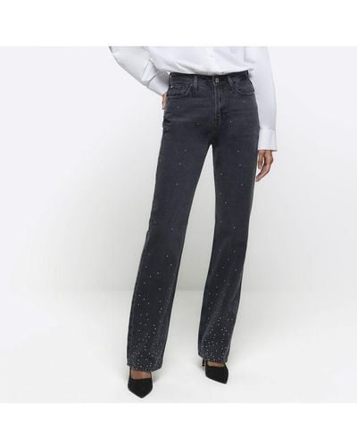 River Island Straight Jeans Embellished Stove Pipe Cotton - Blue