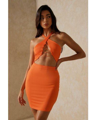 MissPap Double Layer Halterneck Lace Detail Dress - Orange