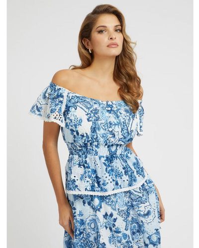 Guess Peggy Printed Ruffled Top Cotton - Blue