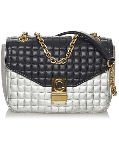 Celine Vintage Bicolor C Quilted Leather Shoulder Bag Silver Calf Leather - Grey