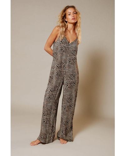 Warehouse Animal Crinkle Slouchy Cover Up Jumpsuit - Natural