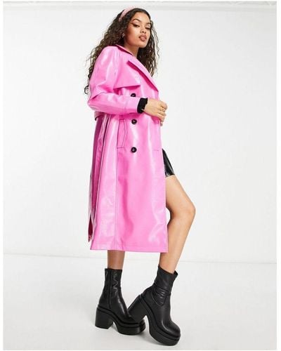 Miss Selfridge Petite Vinyl Faux Leather Belted Trench Coat - Pink