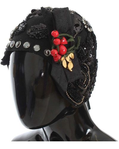 Dolce & Gabbana Vrouwen Zwart Kristal Gouden Kersen Broche Hoed