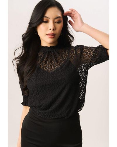 Gini London High Neck Lace Loose Fit Blouse - Black