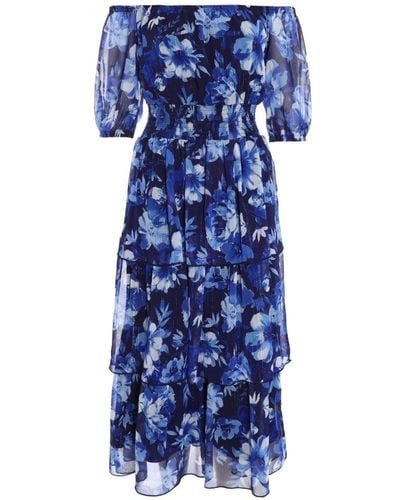Quiz Chiffon Floral Bardot Midi Dress - Blue