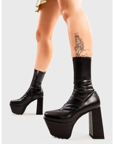 LAMODA Ankle Boots My Side Square Toe Platform Heels With Zipper - Black