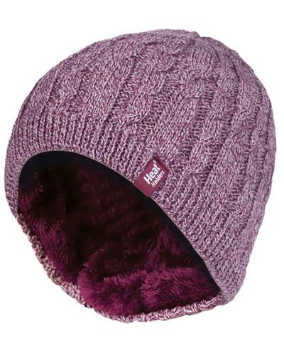 Heat Holders Ribbed Cable Knit Fleece Lined Thermal Knitted Beanie Hat - Purple