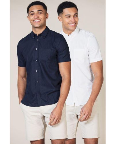 French Connection 2 Pack Short Sleeve Shirt With Linen Viscose - Blue