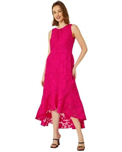 Roman Sleeveless Jacquard Dipped Hem Midi Dress - Pink