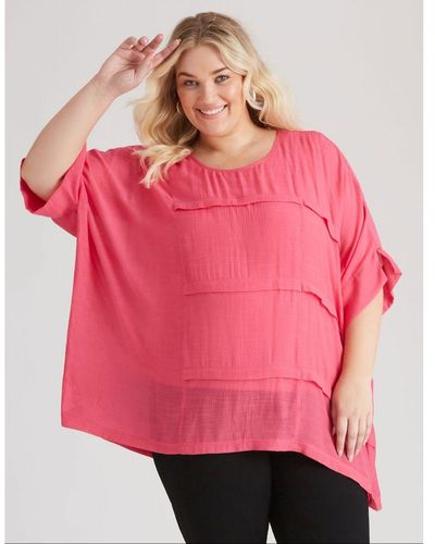 BeMe Elbow Sleeve Woven Pleat Front Top - Plus Size - Pink