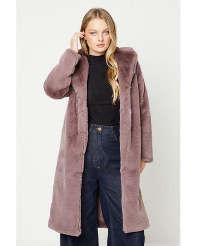 Oasis Plush Faux Fur Open Collar Longline Coat - Multicolour