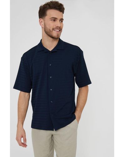 Threadbare 'Drewrea' Textured Short Sleeve Cotton Shirt With Stretch - Blue