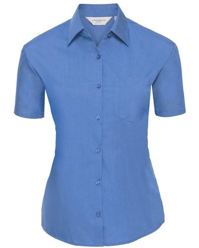 Russell Collection Ladies/ Short Sleeve Poly-cotton Easy Care Poplin Shirt - Blue