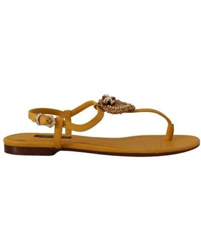 Dolce & Gabbana Mustard Leather Devotion Flats Sandals Shoes - Metallic
