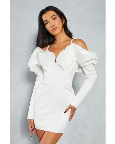 MissPap Frill Sleeve Bardot Strap Detail Bodycon Mini Dress - White