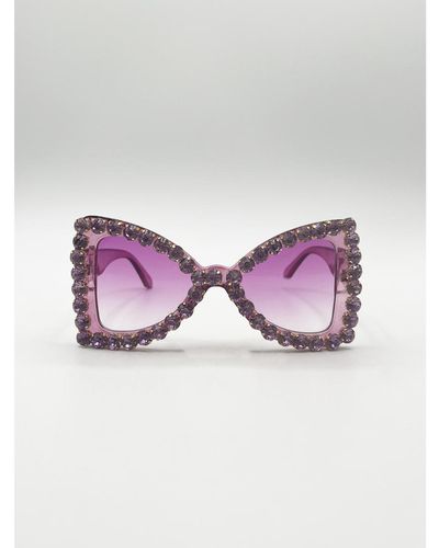 SVNX Oversized Triangular Crystal Gem Sunglasses - Purple